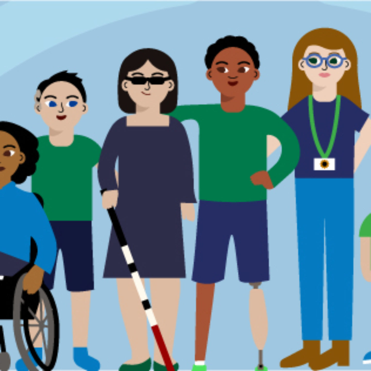 Illustration of six diverse individuals with disabilities gathered together against a light blue background.