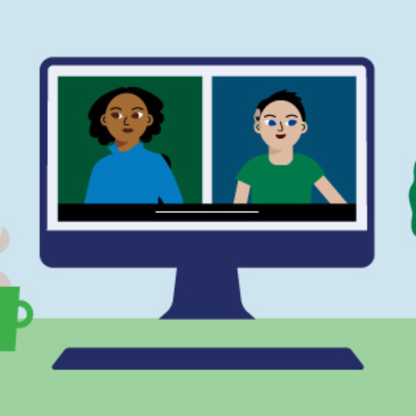 Illustration of webinar shown in work from home desk environment. Two diverse people with disabilities are speaking with captions displayed below.