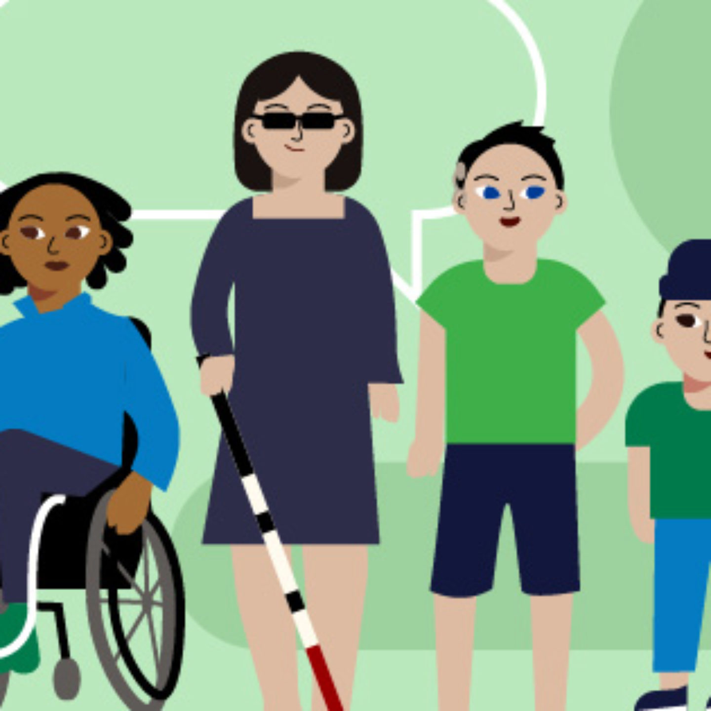 Four illustration individuals with disabilities against light green background with speech bubbles to convey marketing communications.