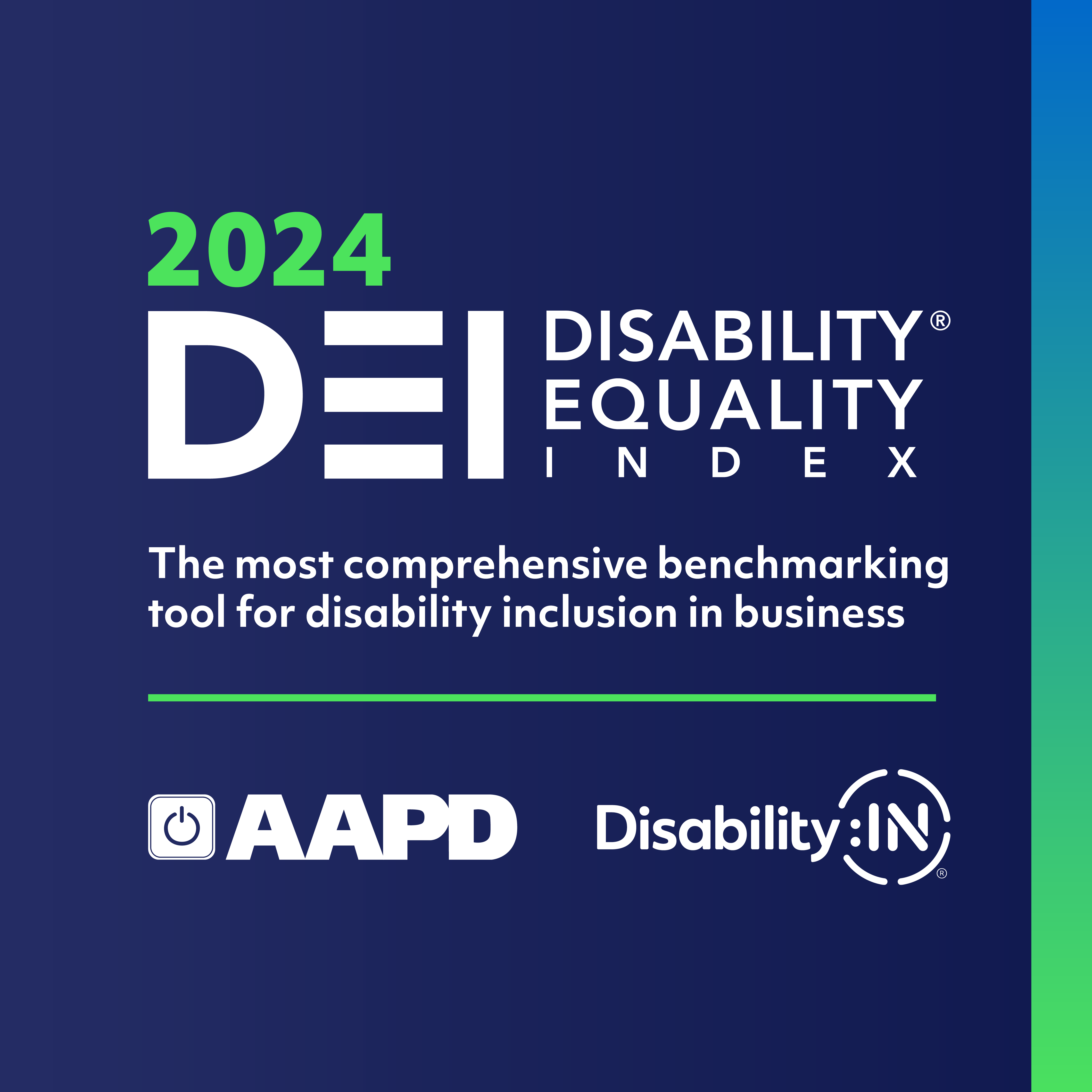 2024 DEI Report-Featured Square 2024 Disability Index®. The most comprehensive benchmarking tool for disability inclusion in business. AAPD and Disability:IN.