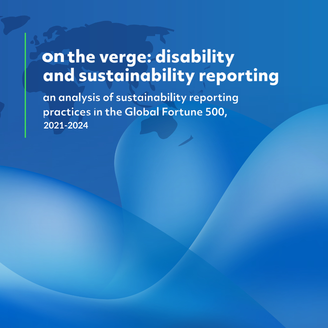 otv 3 web graphic On the Verge: Disability and Sustainability Reporting. An analysis of sustainability reporting practices in the Global Fortune 500, 2021-2024. Global silhouette with a blue gradient waves against a blue background.