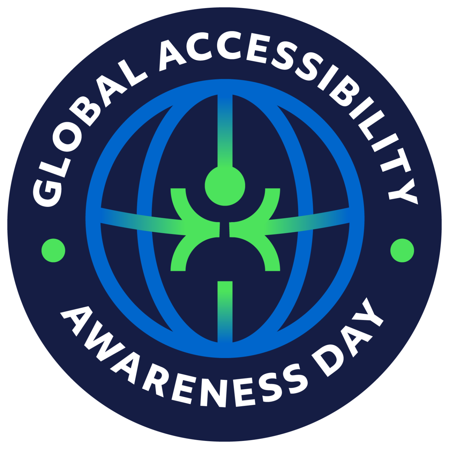 Global Accessibility Awareness Day (GAAD) badge with neon green to blue gradient accessibility globe icon.